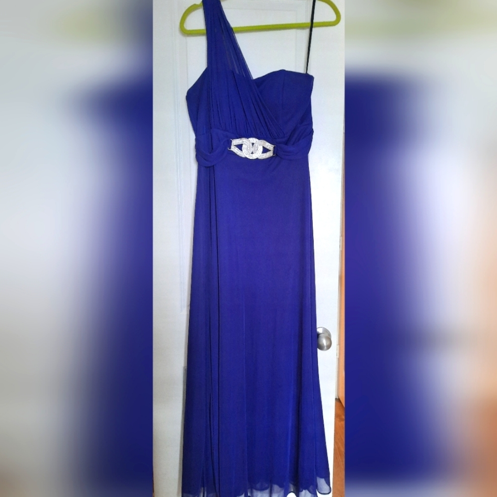 Full length purple one shoulder gown